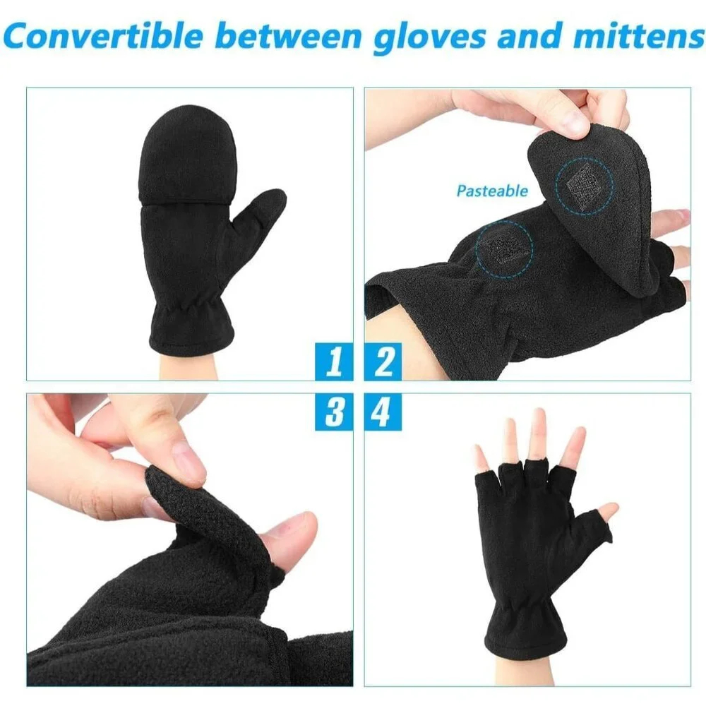 Winter Gloves Fingerless Convertible Mittens Polar Fleece Insulated Warm for Men